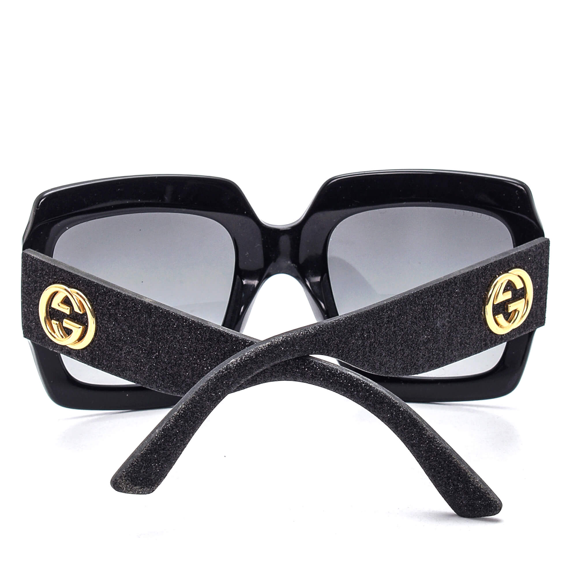 Gucci - Black Square Shiny Gold GG Sunglasses 